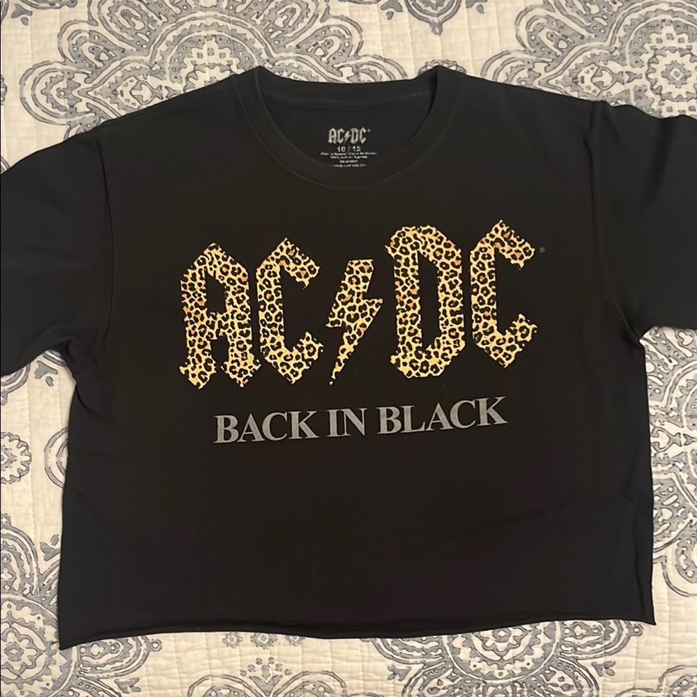 AC/DC Leopard Print Logo Kids Cropped Tee - Black NWOT